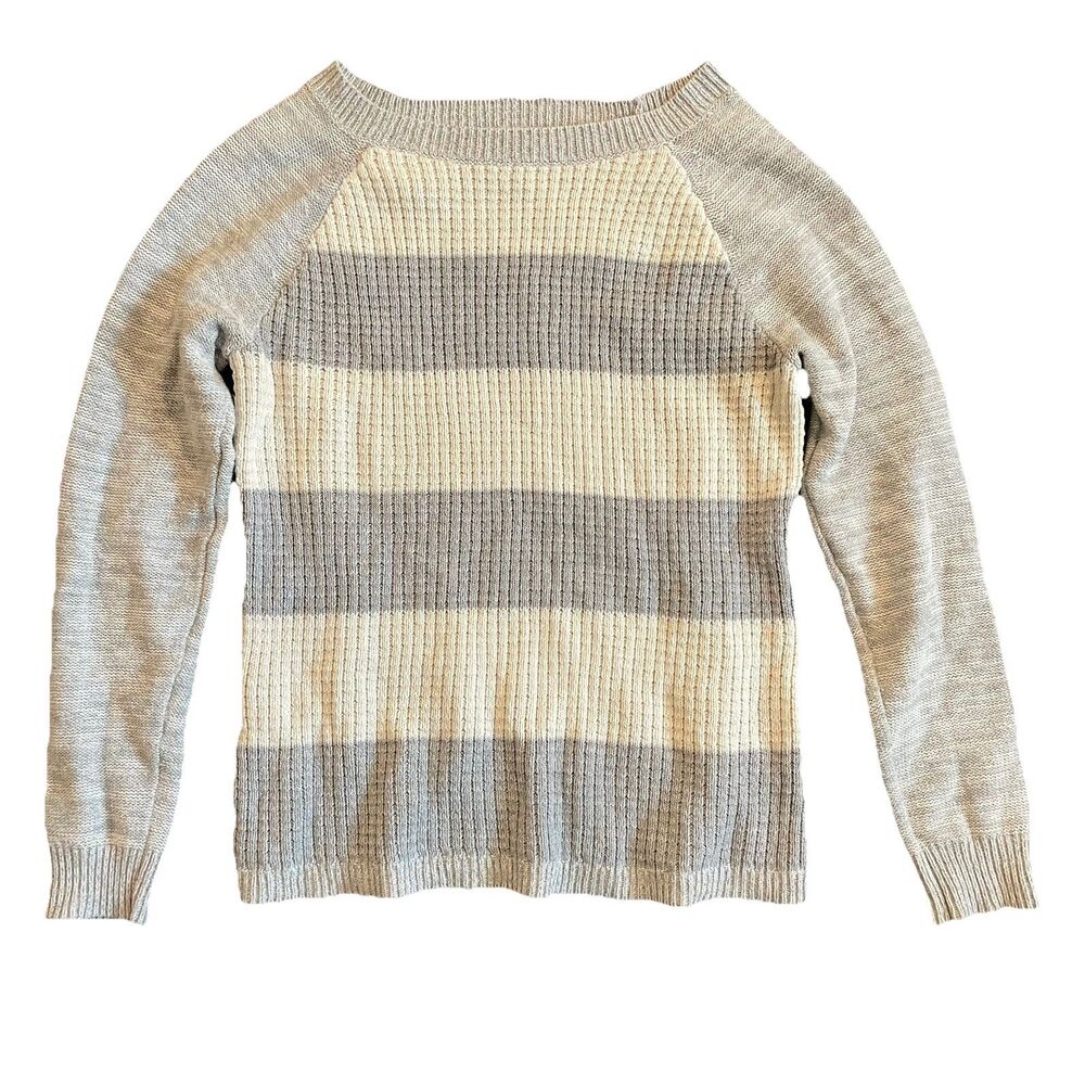 American Living Beige & Gray Long-Sleeve textured knit Striped Sweater SzMedium